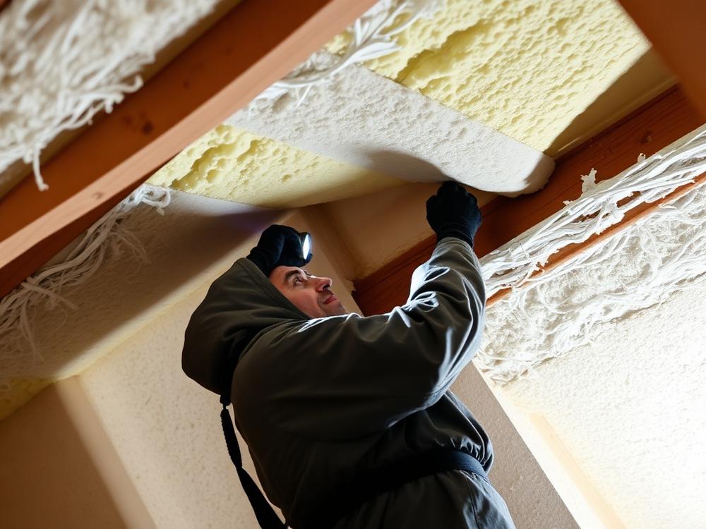 Spray foam insulation being removed from roof timbers